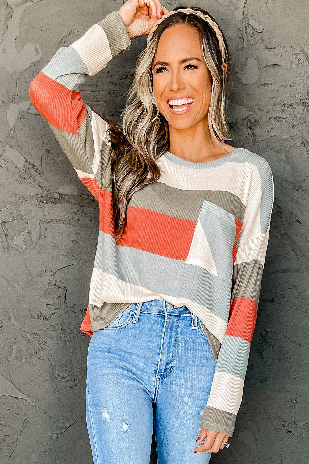 Red Striped Colorblock Ribbed Knit Top with Pocket-yoyobikini