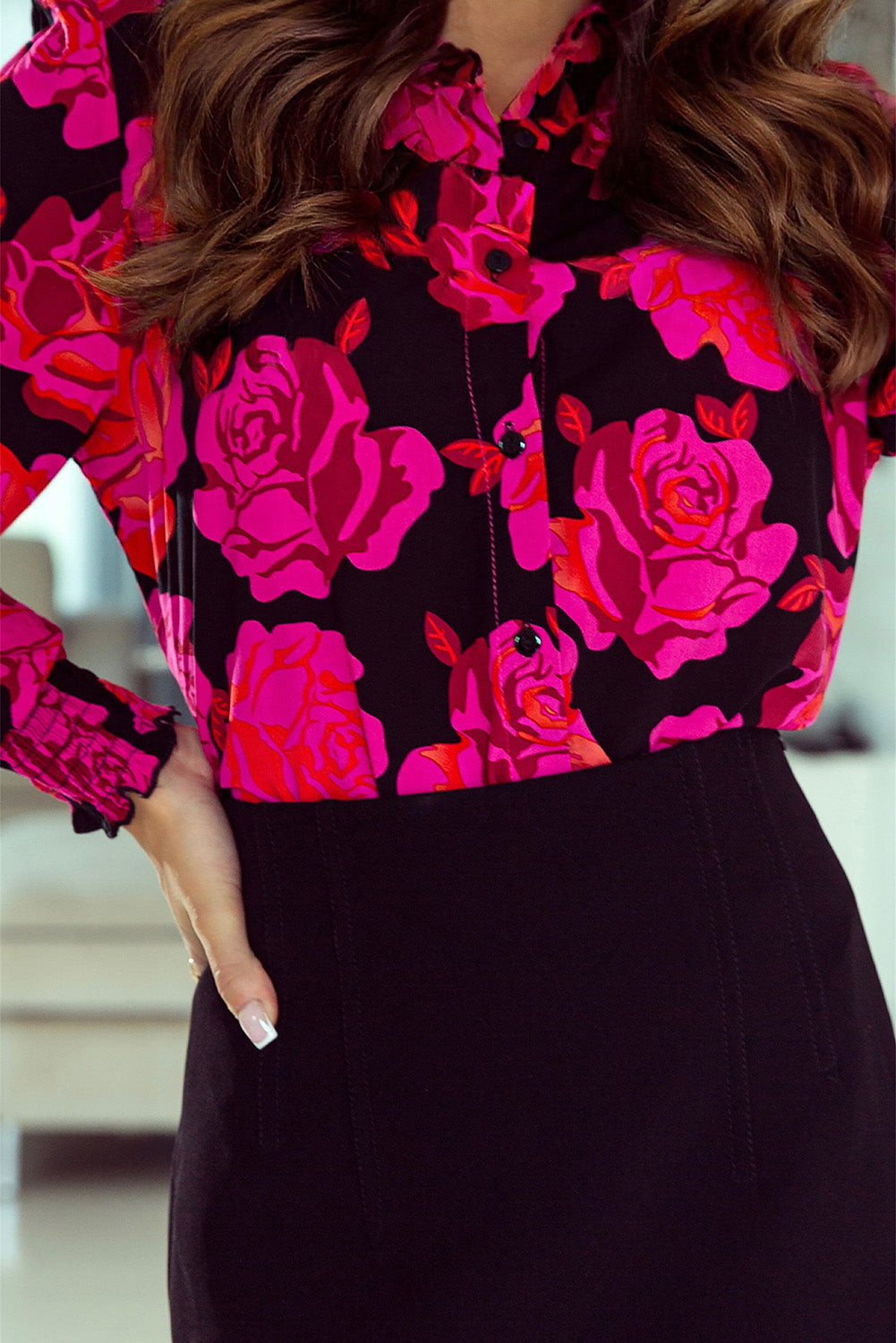 Rose Floral Shirred Cuffs Long Sleeve Shirt-yoyobikini