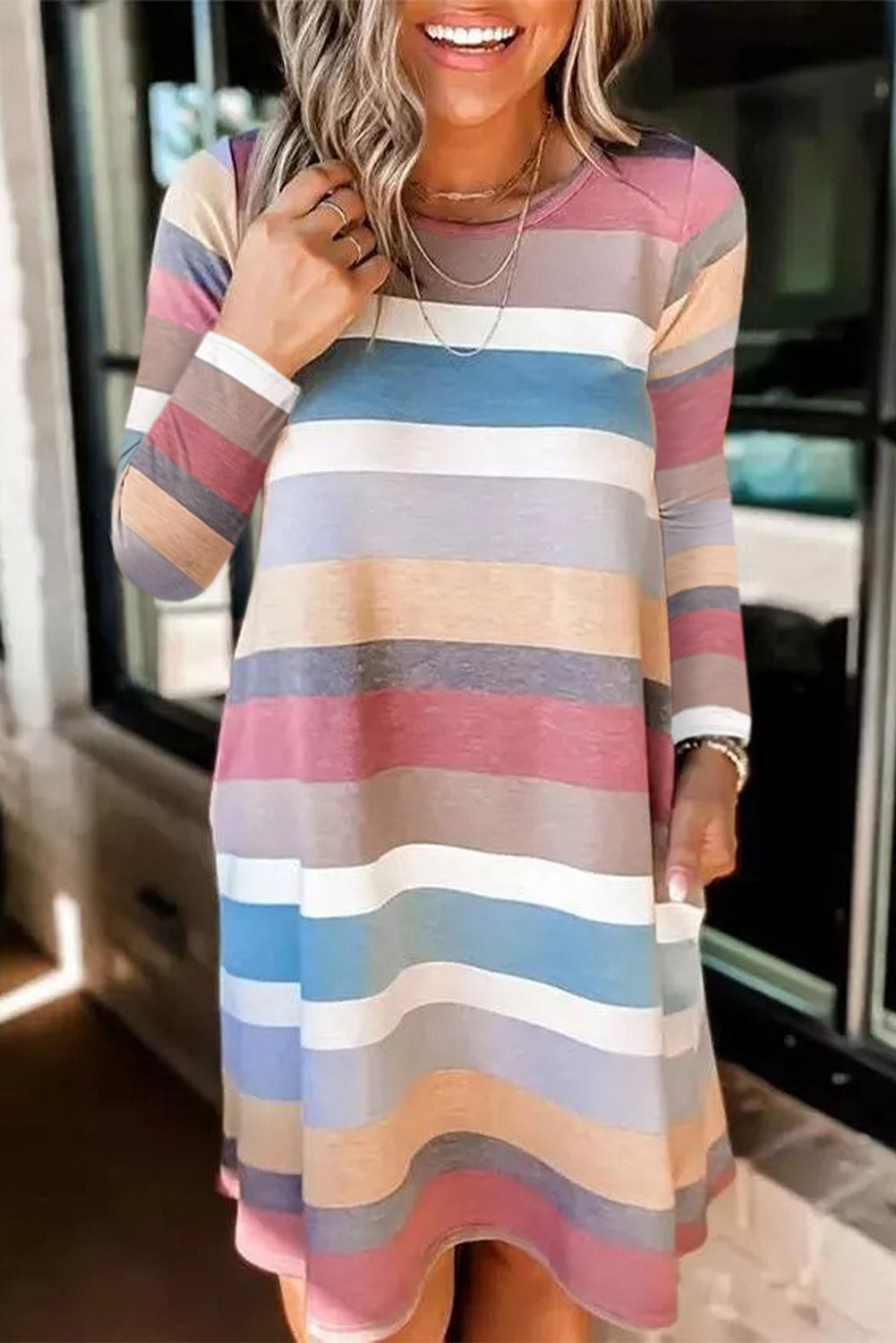 Rainbow Long Sleeve Stripes Mini Dress-yoyobikini