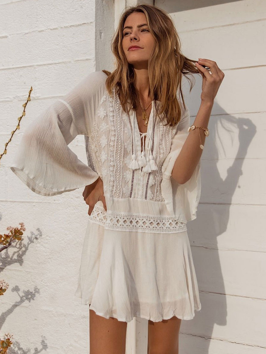 Boho Dress Fringe V-Neck 3/4 Length Sleeves Oversized Summer Dress
