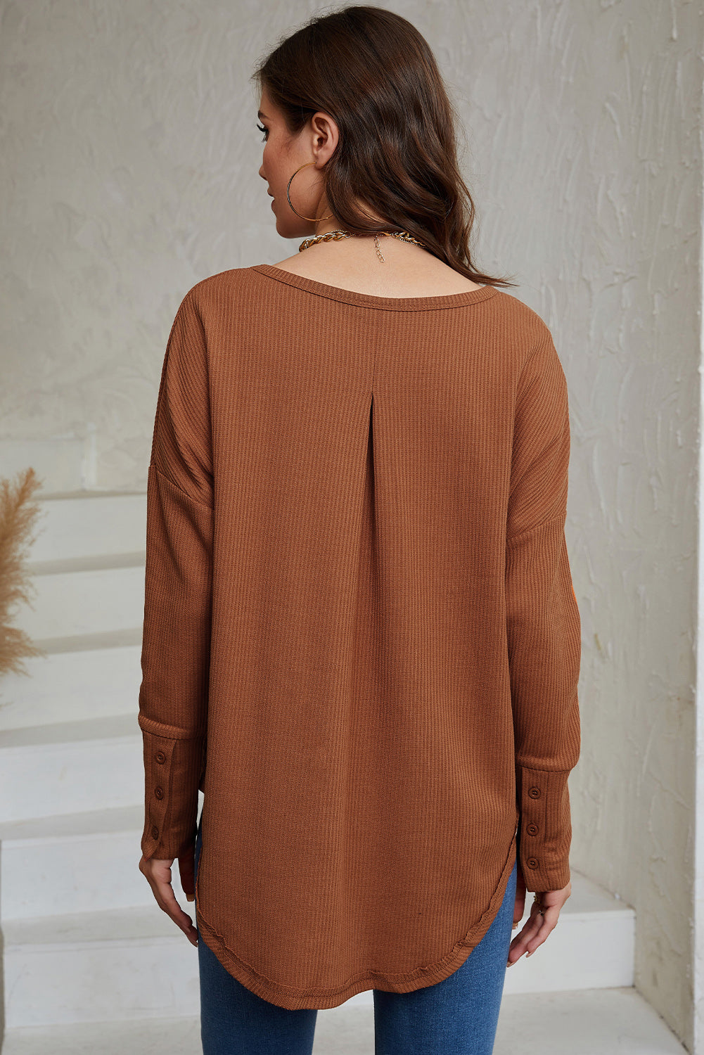 Brown Waffle Knit Splicing Buttons Long Sleeve Top-yoyobikini