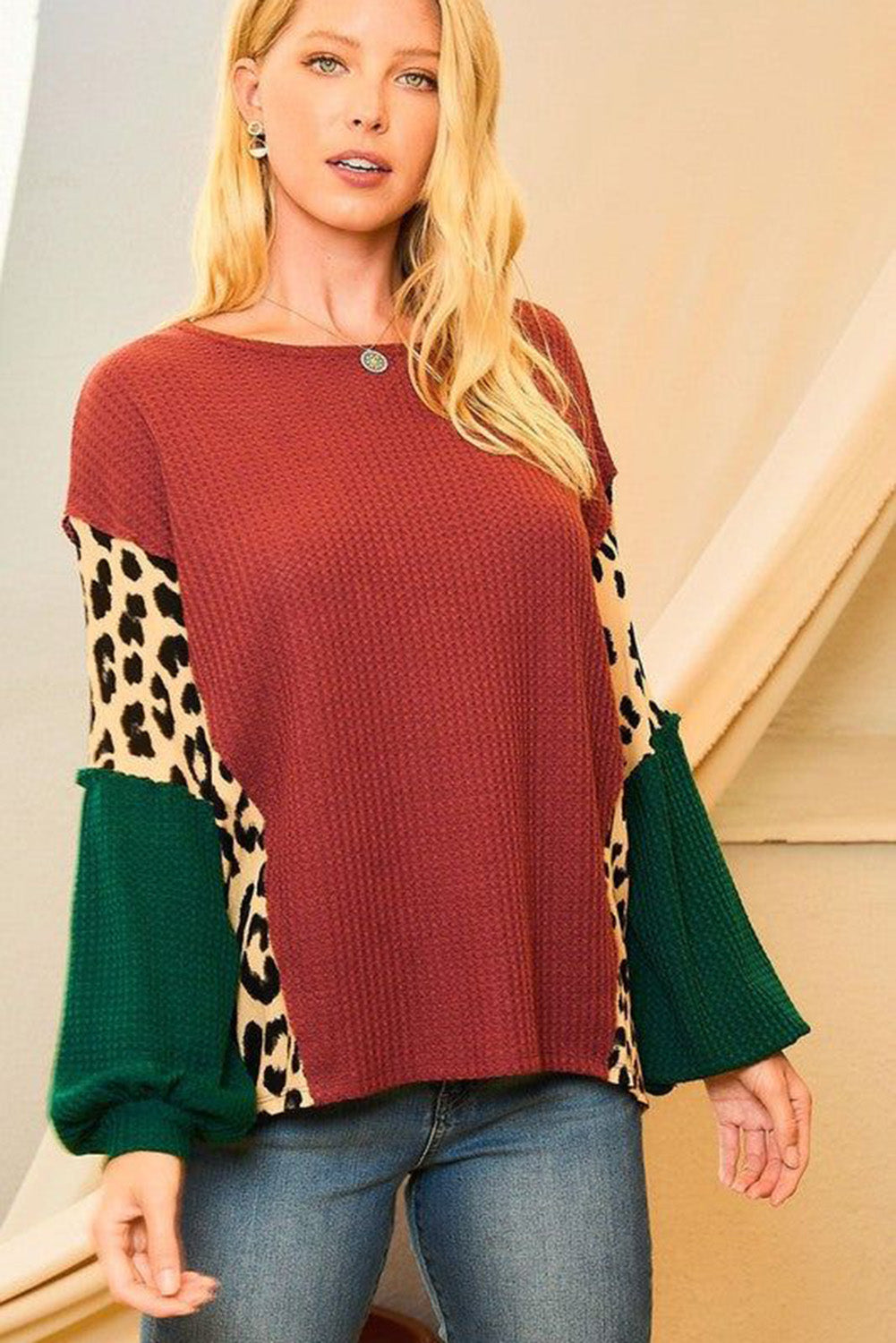 Brown Leopard Splicing Waffle Color Block Puff Sleeve Top-yoyobikini