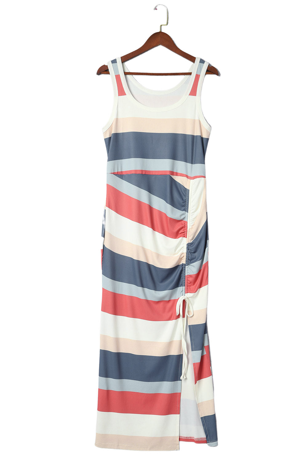 Multicolor Striped Color Block Ribbed Knit Lace-up Slit Tank Dress-yoyobikini