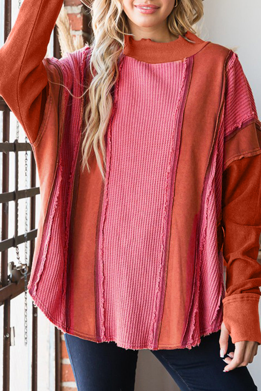 Red Waffle Knit Ripped Exposed Seam	Patchwork Top with Thumbhole-yoyobikini