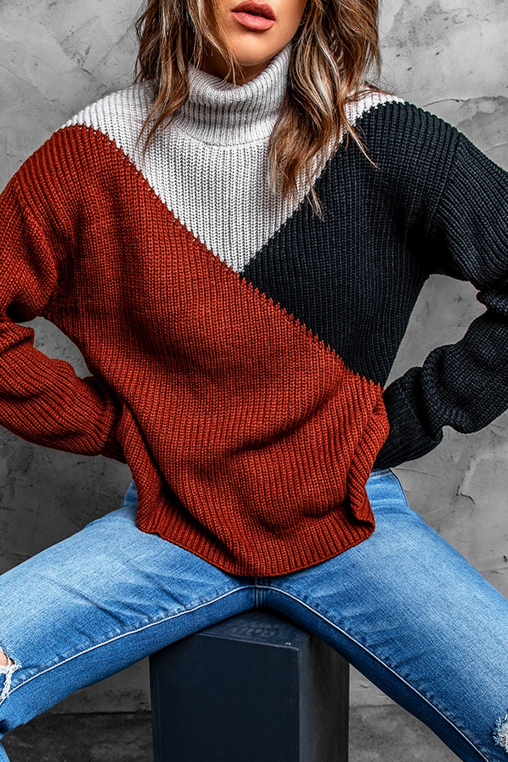Black Color Block Drop Shoulder Turtleneck Sweater-yoyobikini