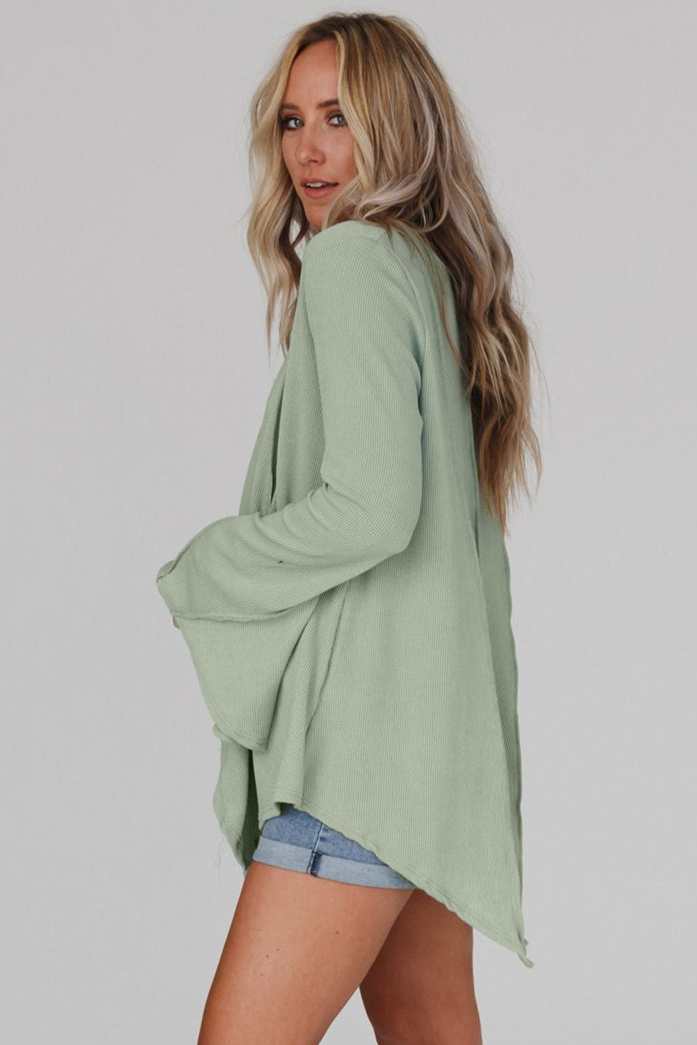 Green Ribbed Expose Seam Bell Sleeve Top-yoyobikini