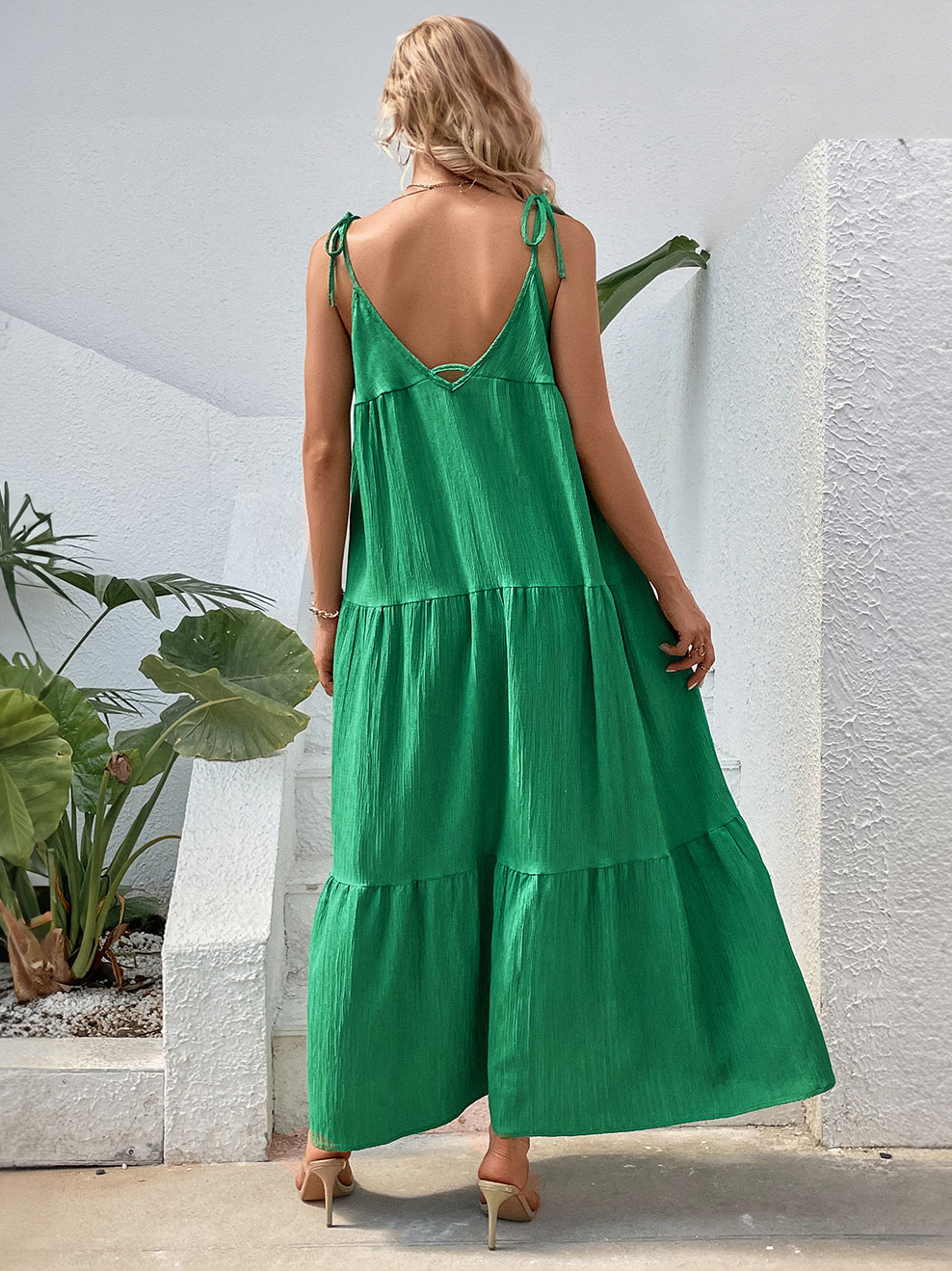 Shift Dresses Green V-Neck Lace Up Polyester Oversized Adult's Modern Tunic Dress