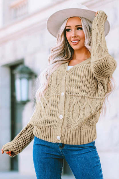 Apricot Buttons Front Patterned Texture Knit Cardigan-yoyobikini