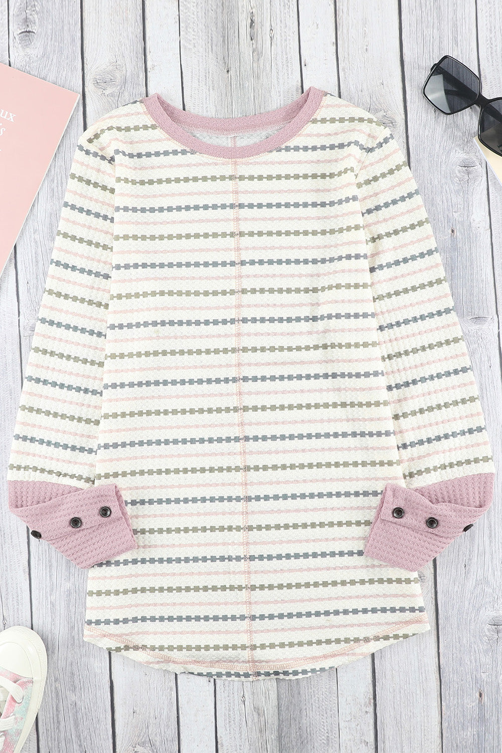 Waffle Knit Colorblock Buttoned Cuff Long Sleeve Blouse-yoyobikini