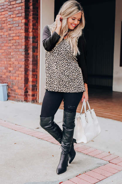 Leopard Choker Crisscross Contrast 3/4 Sleeve Leopard Print Top-yoyobikini