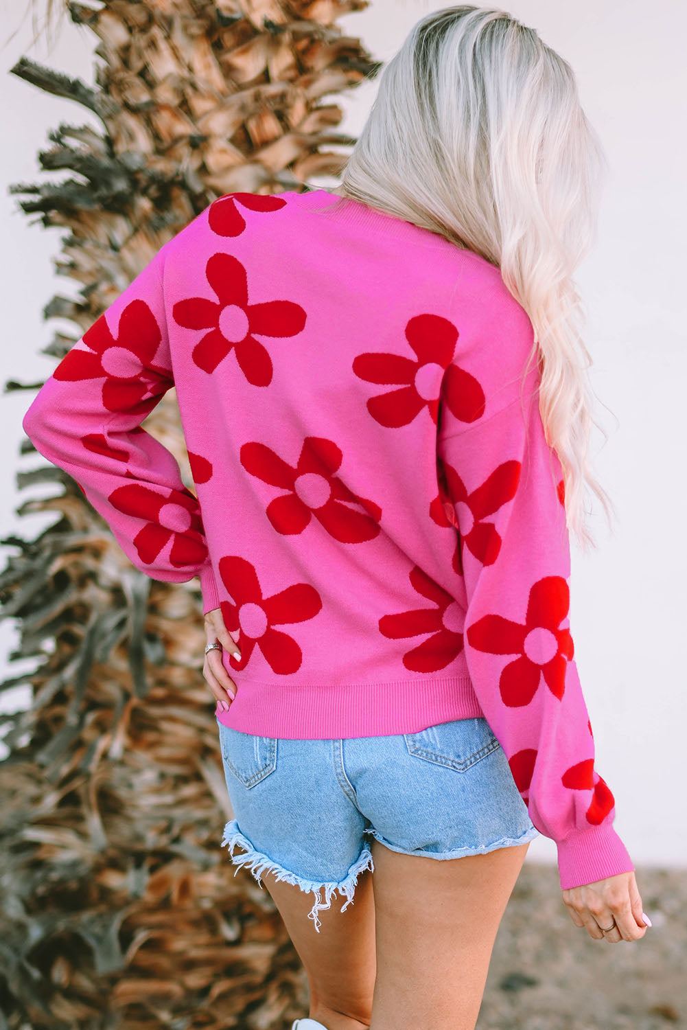Rose Big Flower Knit Ribbed Trim Sweater-yoyobikini