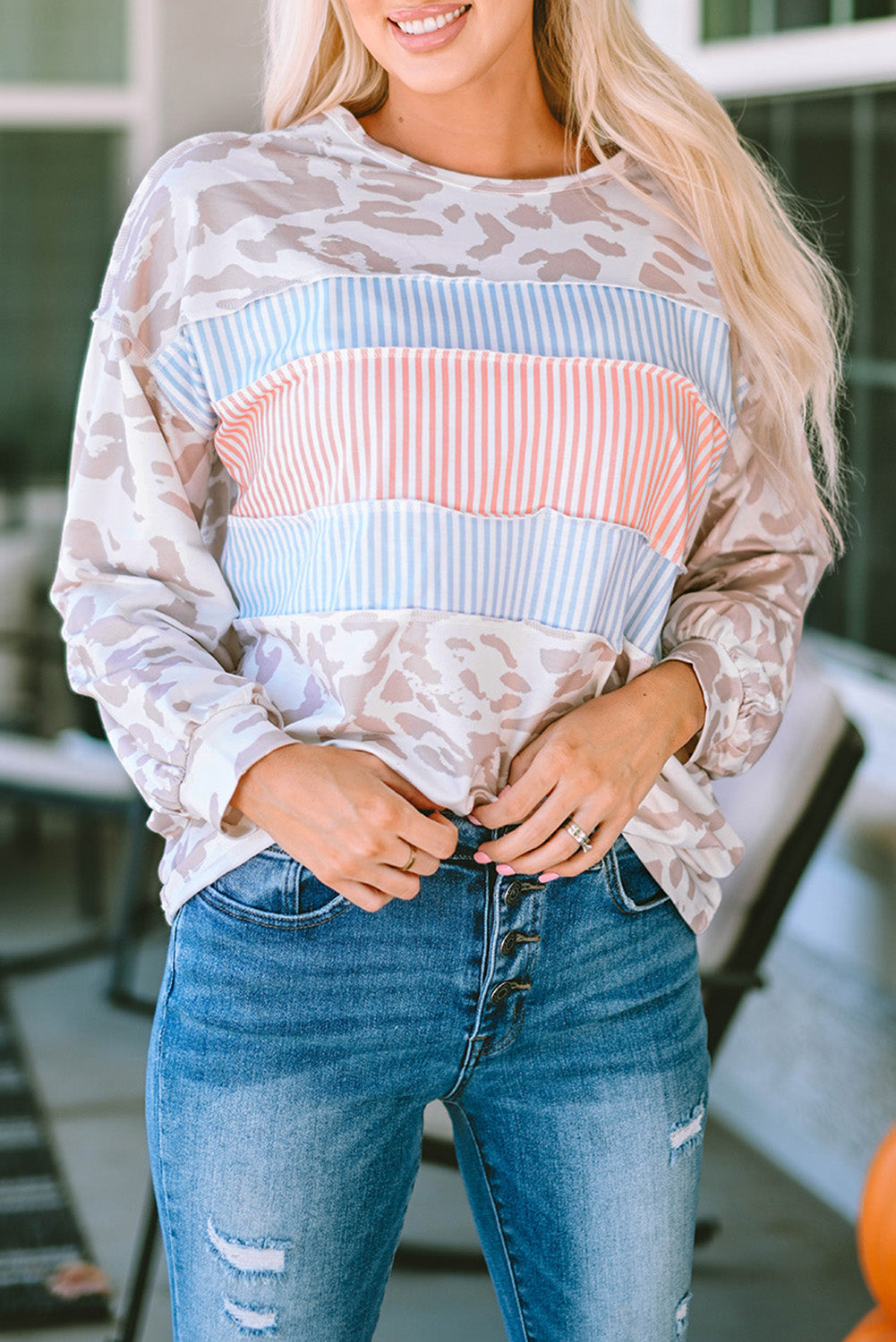 Leopard Animal Print Contrast Stripes Patchwork Puff Sleeve Knit Top-yoyobikini