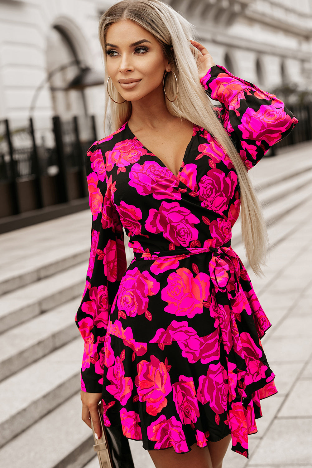 Rose Floral Print V Neck Wrap Bishop Sleeve Ruffle Tiered Mini Dress-yoyobikini