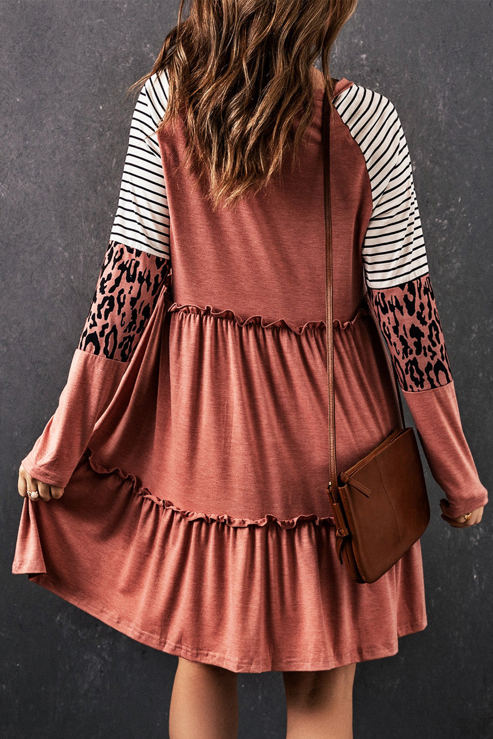 Pink Striped Leopard Patchwork Long Sleeve Mini Dress-yoyobikini