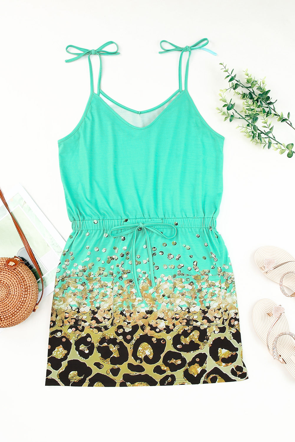 Green Shiny Leopard Print Drawstring Strappy Dress-yoyobikini