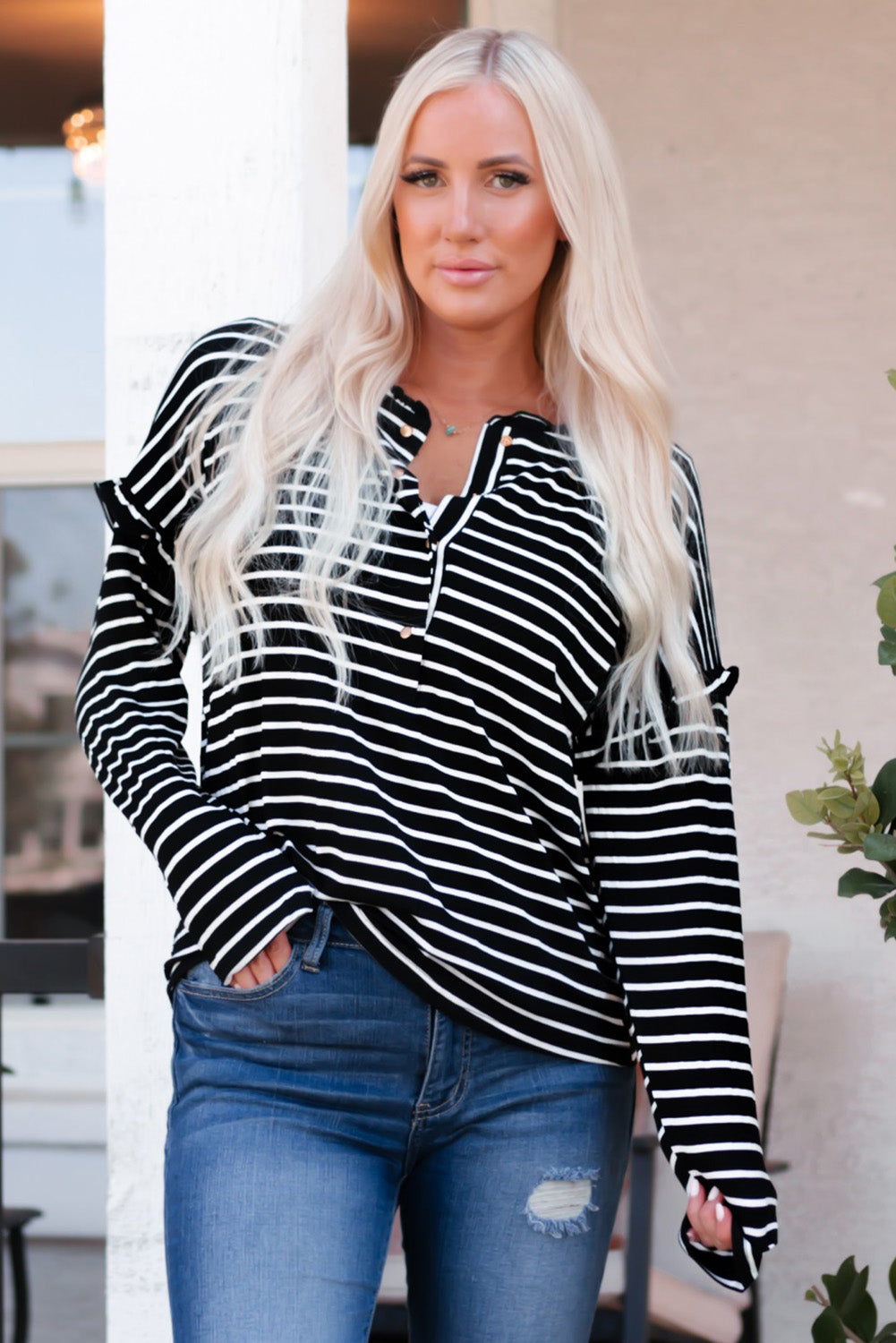 Black Striped Print Ruffled Buttoned Long Sleeve Top-yoyobikini