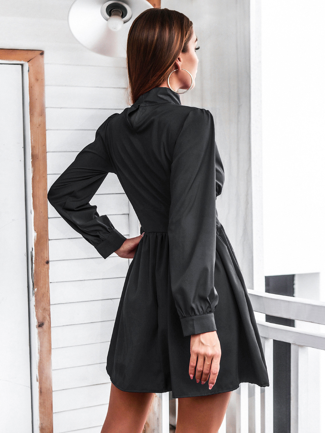 Birthday Skater Dresses High Collar Pleated Black Sexy Long Sleeves Fit And Flare Dress