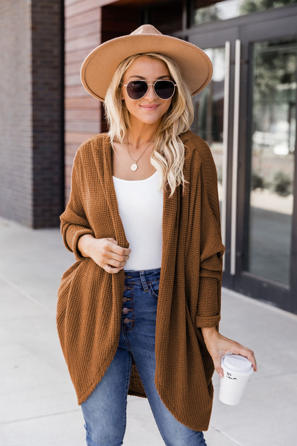 Brown Waffle Knit Open Front Rounded Hem Cardigan-yoyobikini