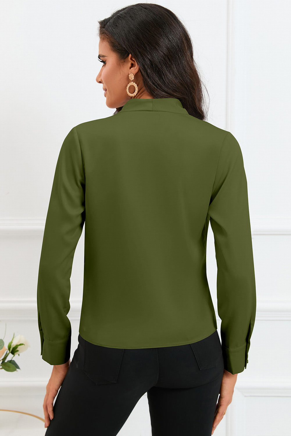 Green Solid Wrap V Neck Long Sleeve Top-yoyobikini