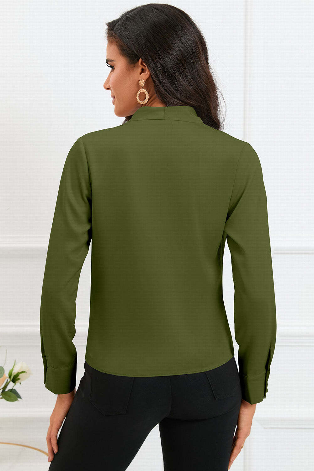 Green Solid Wrap V Neck Long Sleeve Top-yoyobikini