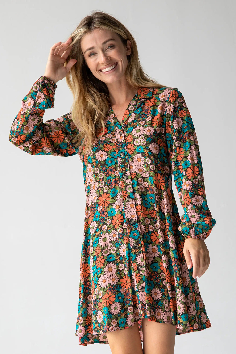 Multicolour Vibrant Floral Print Lapel Collar Button Closure Shirt Dress-yoyobikini
