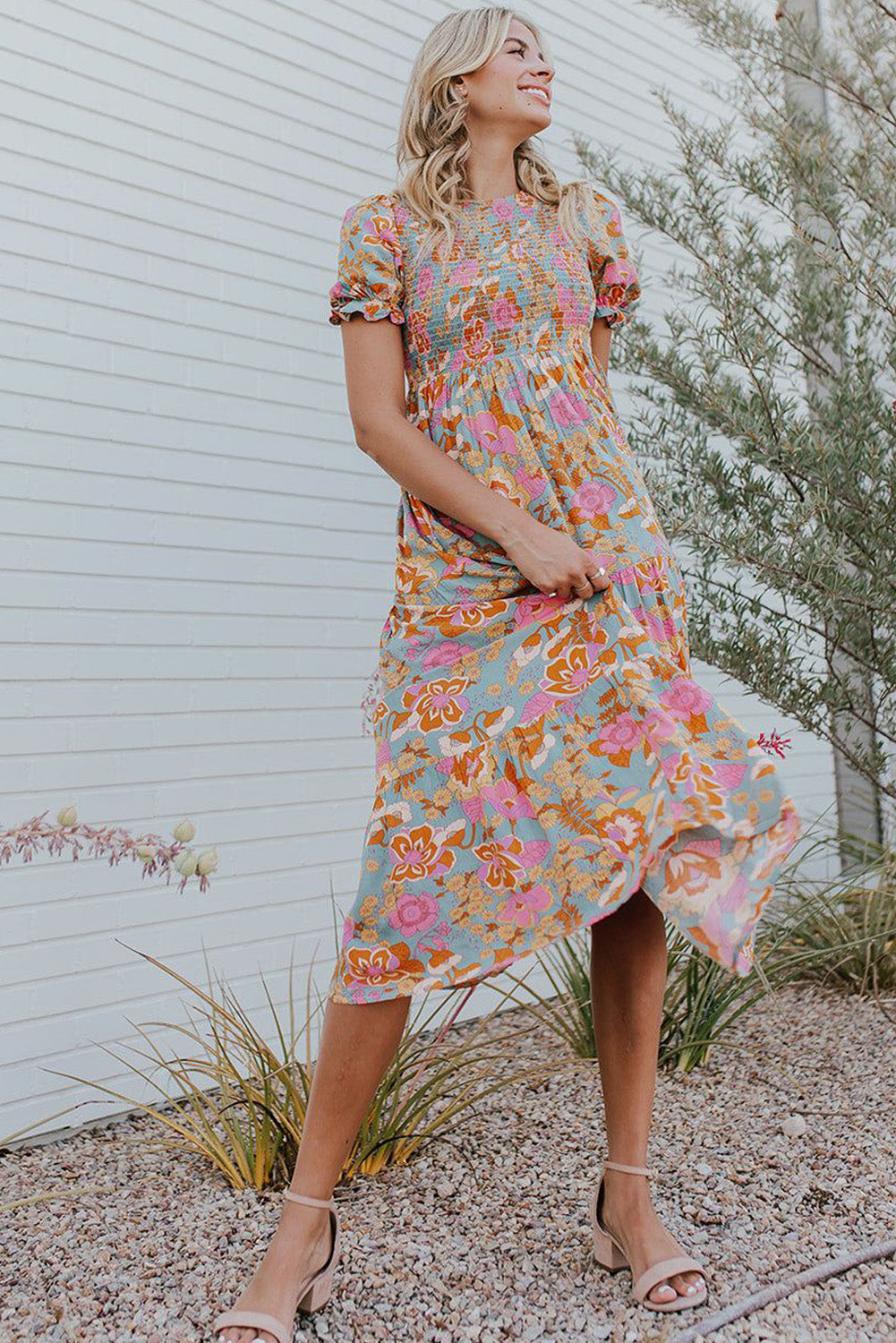 Sky Blue Floral Bubble Sleeve Smocked Flowy Ruffle Dress-yoyobikini