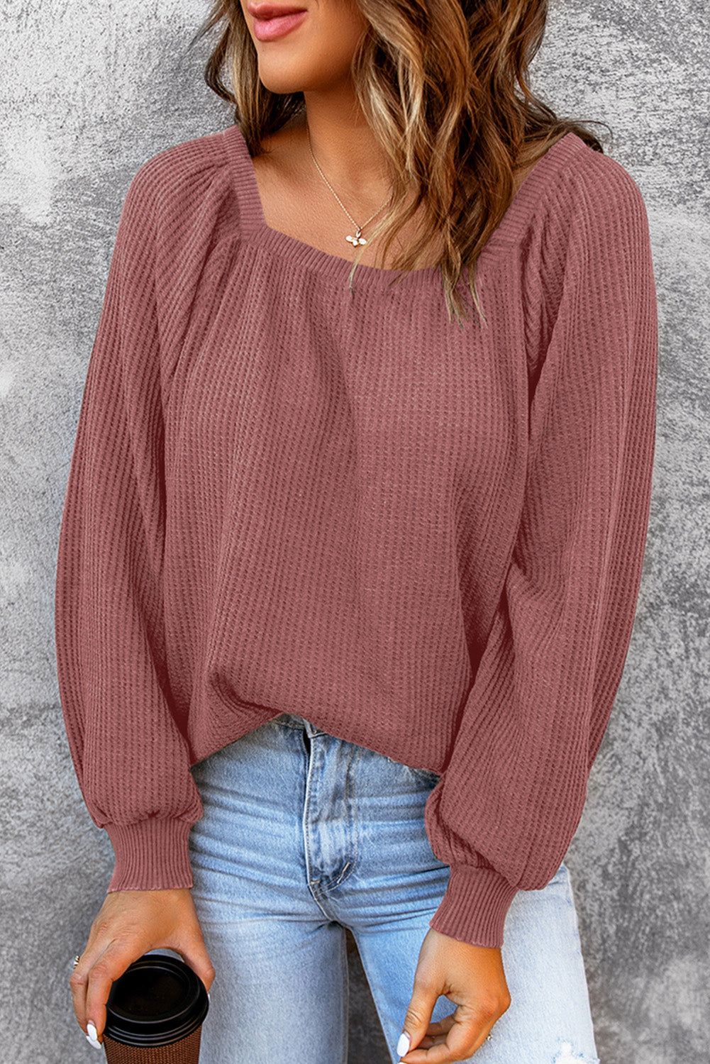 Square Neck Puff Sleeve Waffle Knit Top-yoyobikini