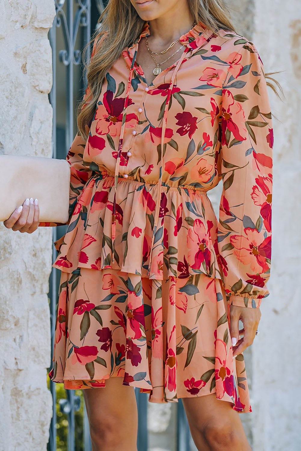 Red Frilled Collar Long Sleeve Floral Dress with Ruffle-yoyobikini