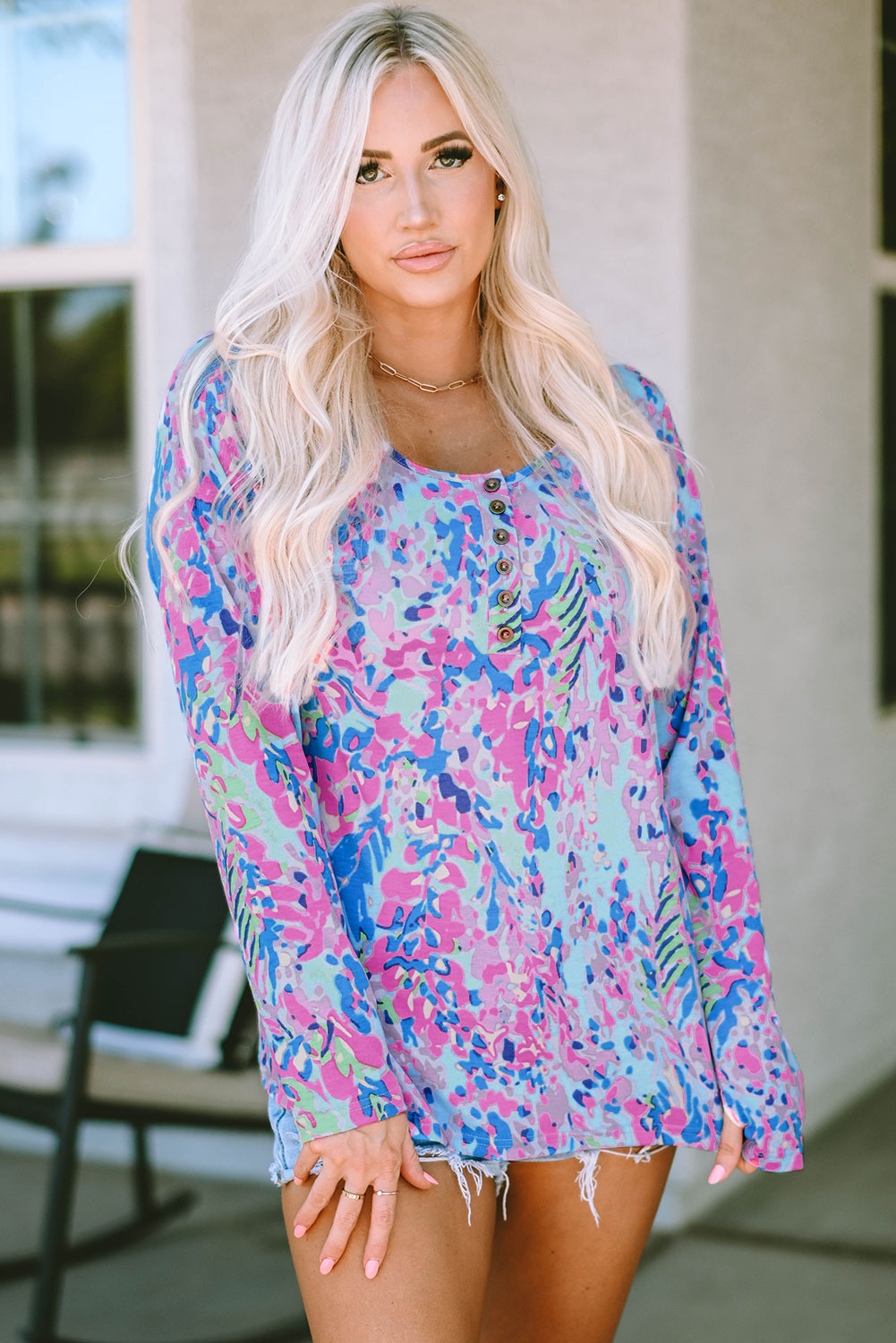 Multicolor Printed Wide Neck Thumbhole Sleeve Henley Top-yoyobikini