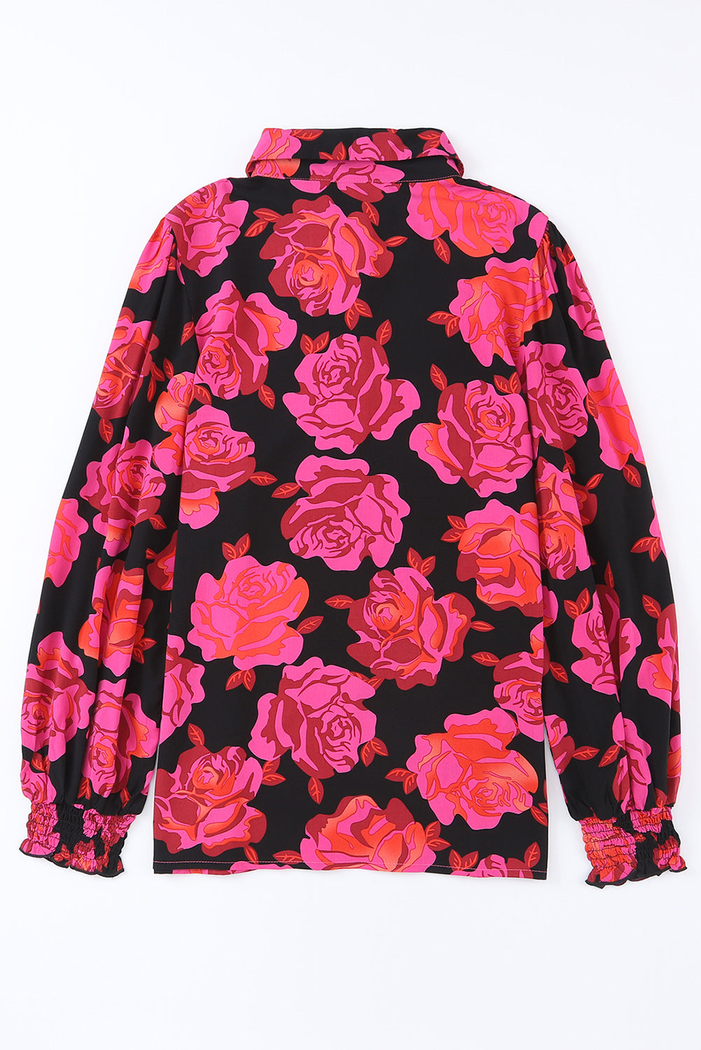 Rose Floral Shirred Cuffs Long Sleeve Shirt-yoyobikini
