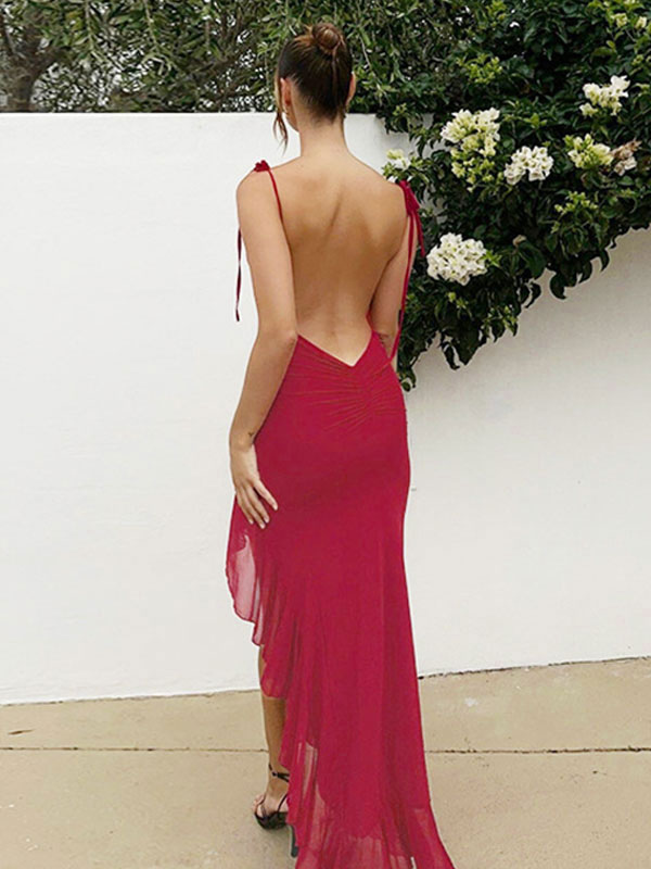 Bodycon Dresses Red Straps Neck Cut Out Backless Chic Sleeveless Pencil Dress