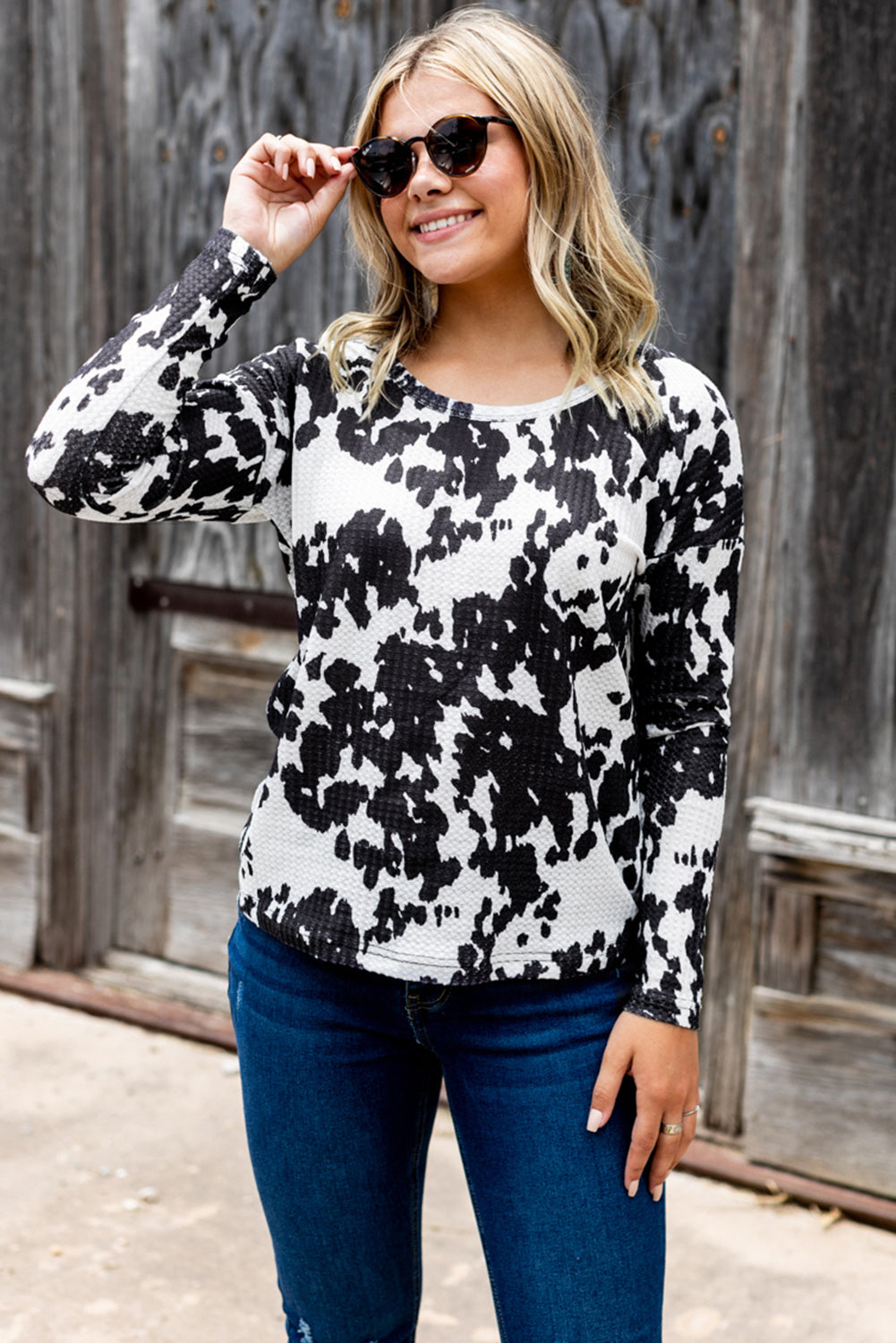 Cow Print U Neck Long Sleeve Top-yoyobikini
