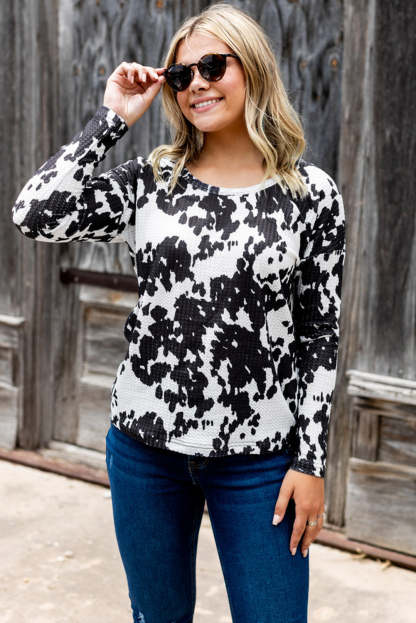 Cow Print U Neck Long Sleeve Top-yoyobikini