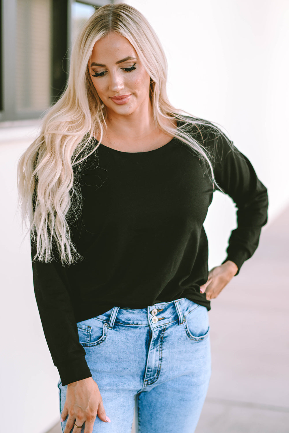 Black Solid Casual Round Neck Raglan Long Sleeve Tee-yoyobikini