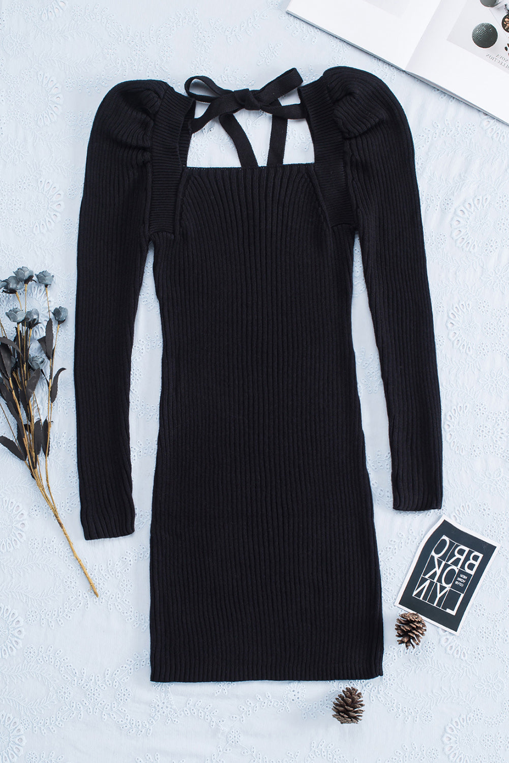 Black Square Neck Puffy Sleeve Sweater Dress-yoyobikini