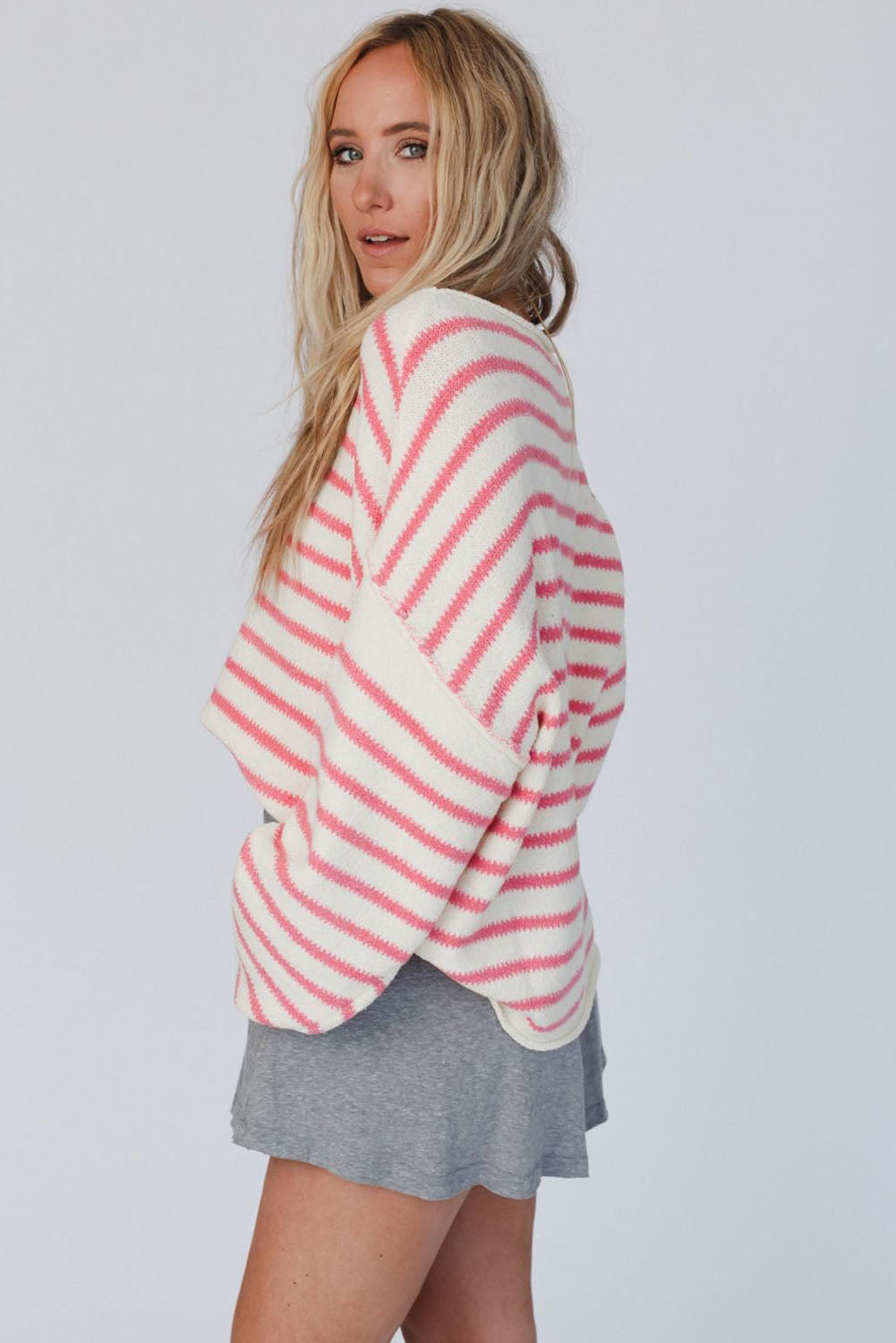 Pink Striped Drop Shoulder Oversized Sweater-yoyobikini