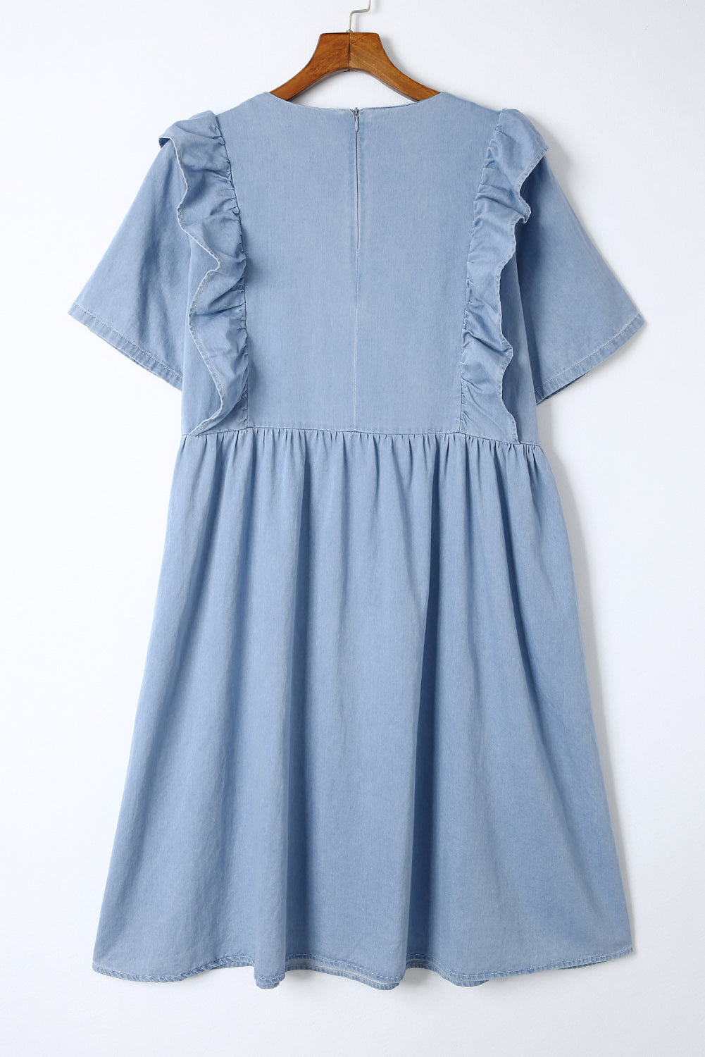 Sky Blue Ruffle Chambray Midi Dress-yoyobikini