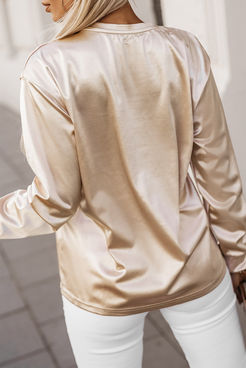 Apricot Glitter Chest Pocket Round Neck Long Sleeve Top-yoyobikini