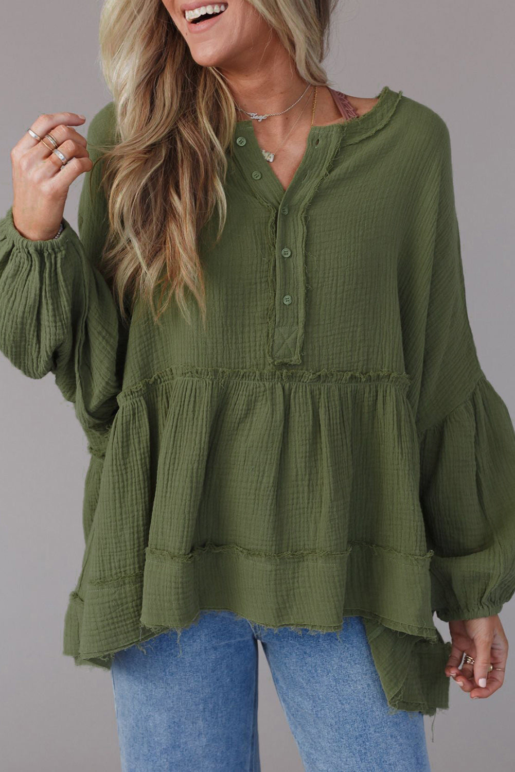 Green Henley Button Drop Shoulder Loose Sleeve Raw Edge Top-yoyobikini