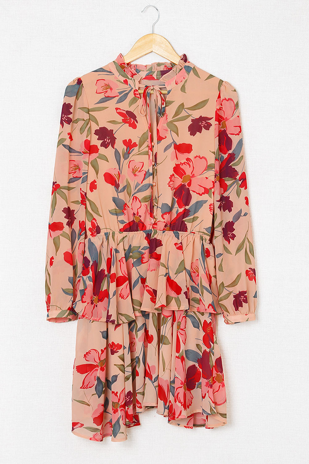 Red Frilled Collar Long Sleeve Floral Dress with Ruffle-yoyobikini