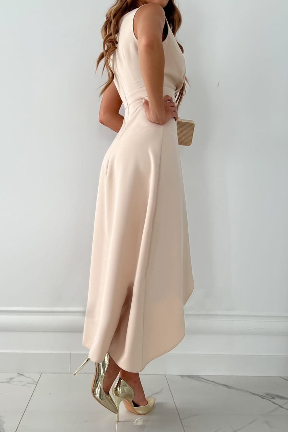 Apricot Surplice V Neck Frill Midi Dress with Slit-yoyobikini