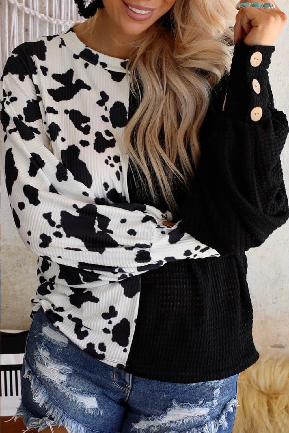 Black Cow Patchwork Waffle Knit Long Sleeve Top-yoyobikini