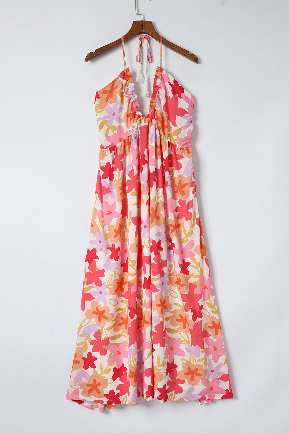 Red Halter Neck Backless Floral Print Maxi Dress with Ties-yoyobikini