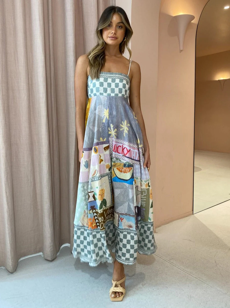 Summer Dress Straps Neck Printed Pleated Backless Gray Long Beach Dress