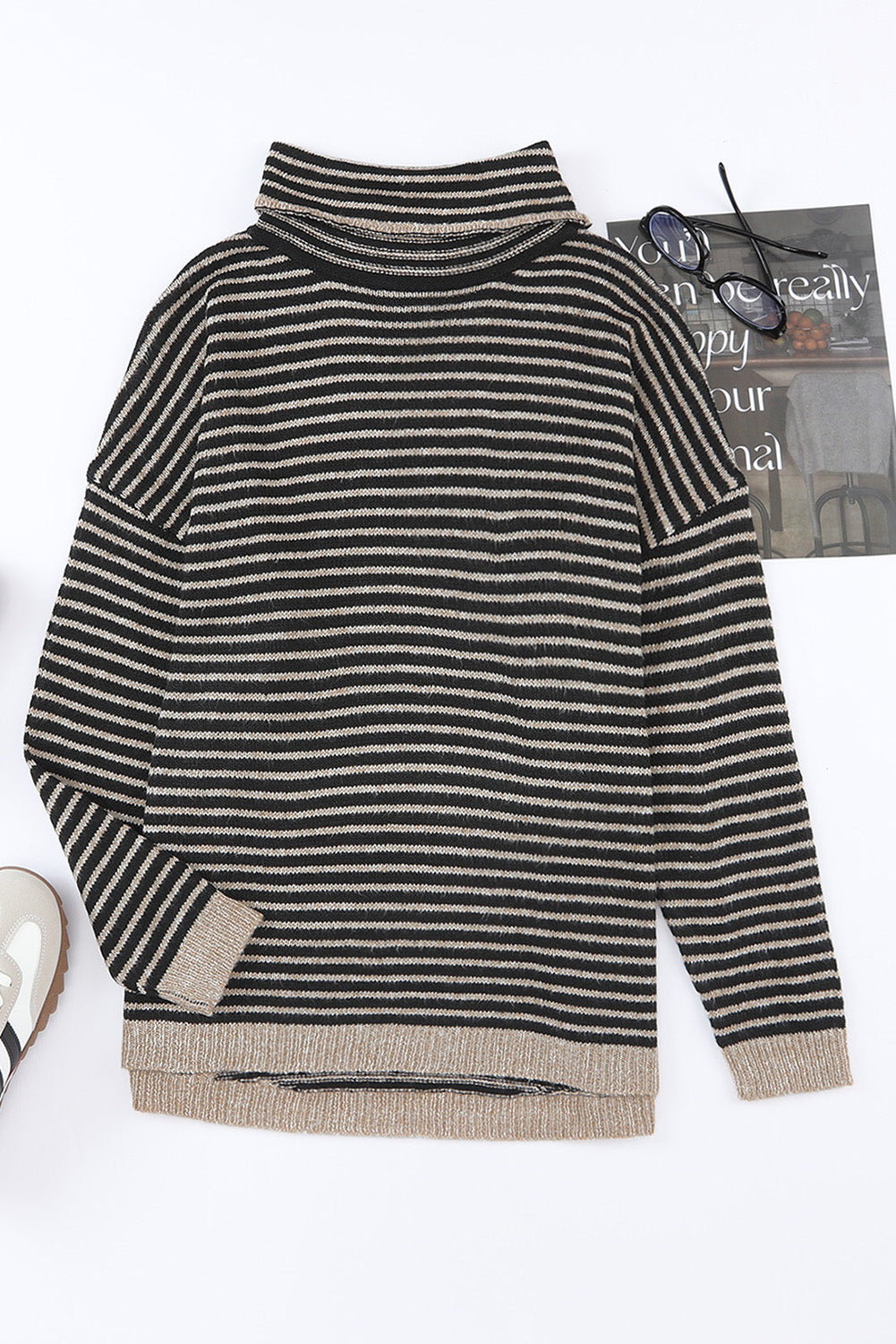 Black Striped Turtleneck Loose Sweater-yoyobikini