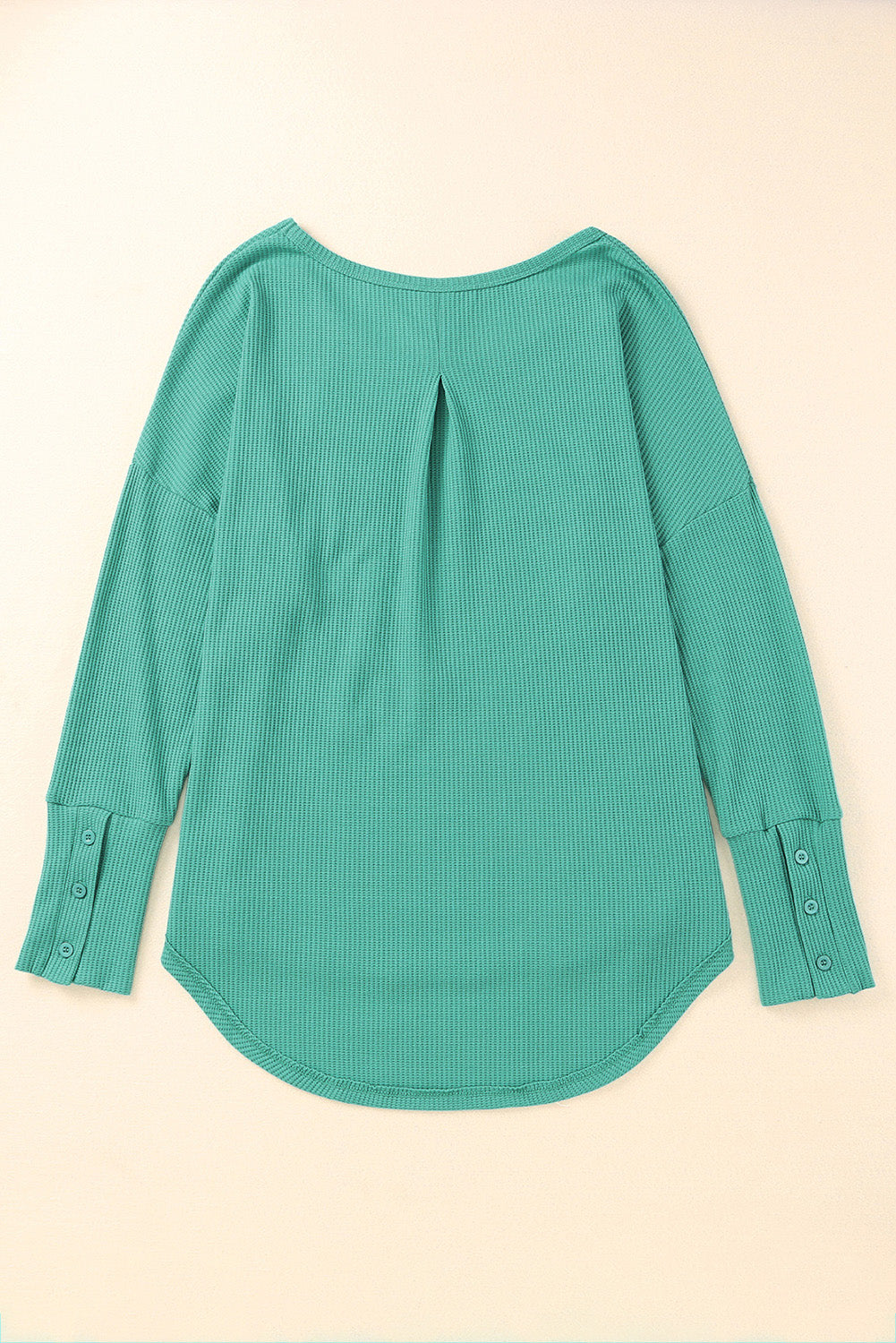 Green Waffle Knit Splicing Buttons Long Sleeve Top-yoyobikini