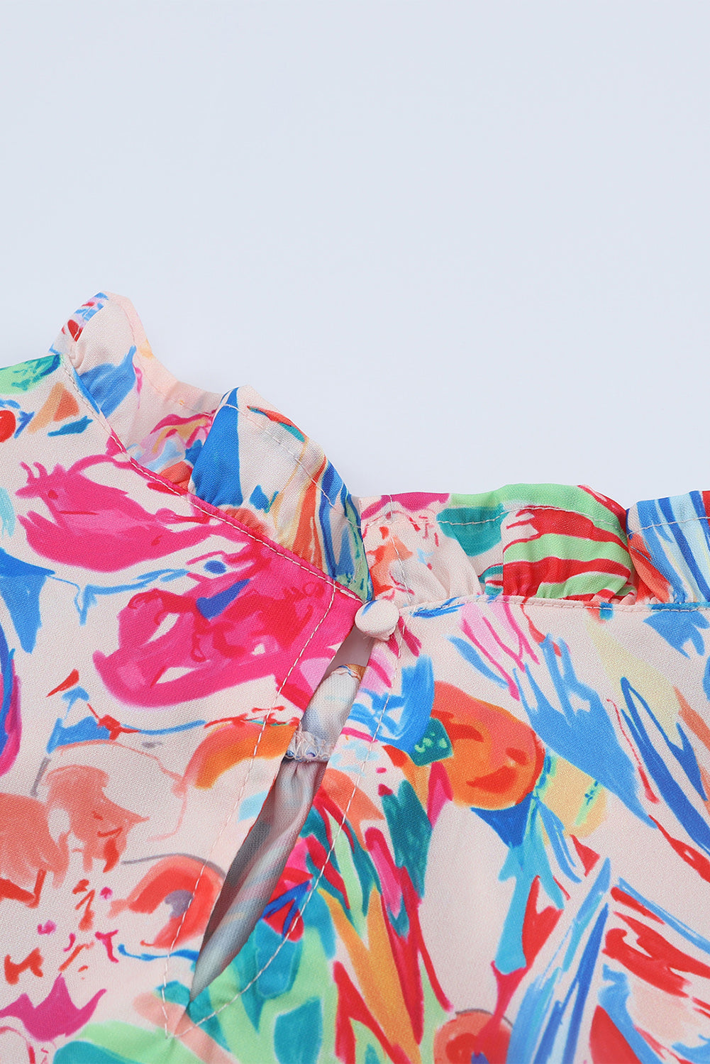 Multicolor Abstract Striped Patchwork Ruffled Short Sleeve Blouse-yoyobikini