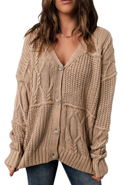 Apricot Buttons Front Patterned Texture Knit Cardigan-yoyobikini