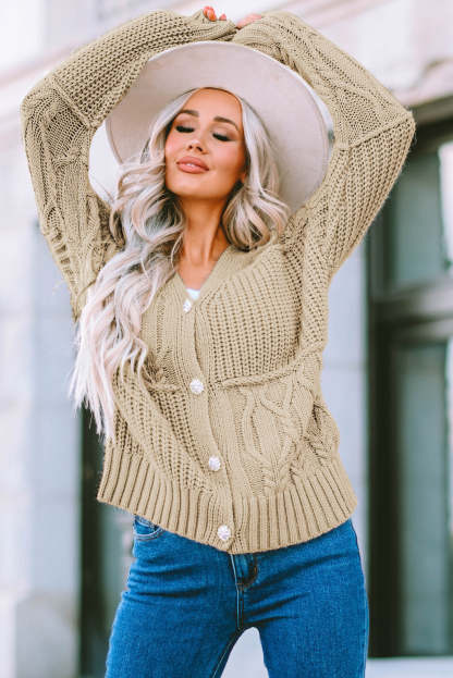 Apricot Buttons Front Patterned Texture Knit Cardigan-yoyobikini