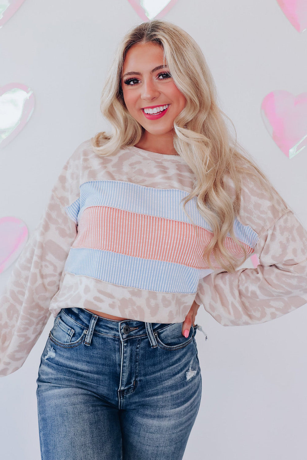 Leopard Animal Print Contrast Stripes Patchwork Puff Sleeve Knit Top-yoyobikini